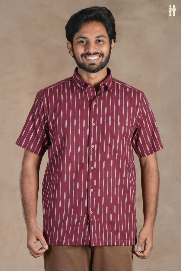 Regular Collar Ikat Buttas Burgundy Red Cotton Shirt