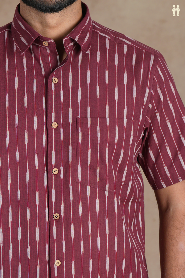 Regular Collar Ikat Buttas Burgundy Red Cotton Shirt