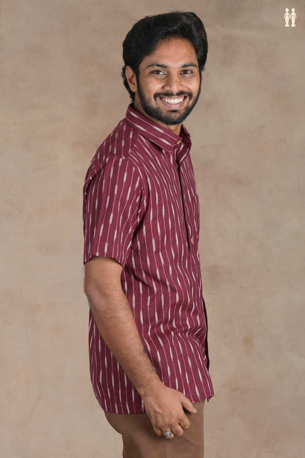 Regular Collar Ikat Buttas Burgundy Red Cotton Shirt