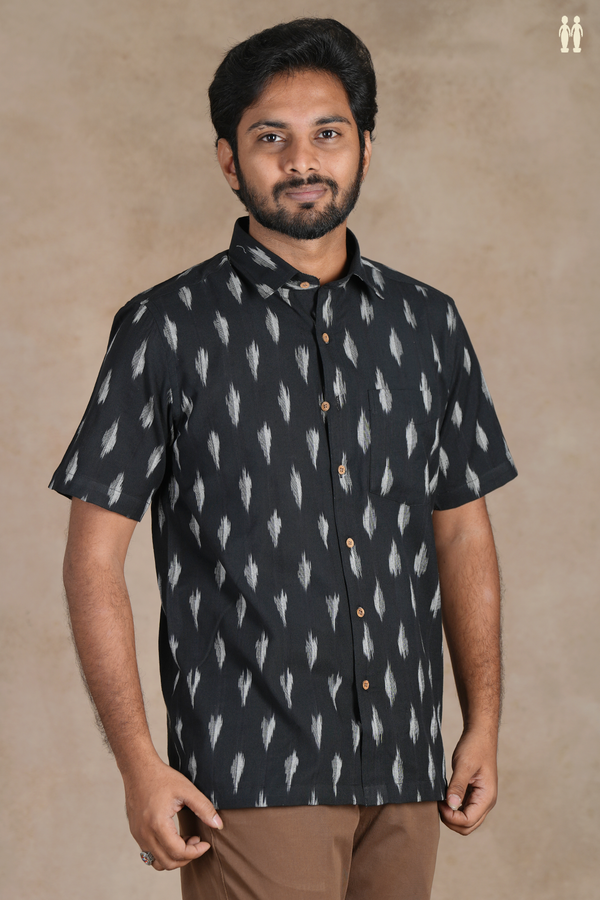 Regular Collar Ikat Buttas Black Cotton Shirt