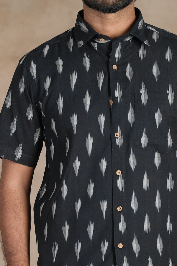 Regular Collar Ikat Buttas Black Cotton Shirt