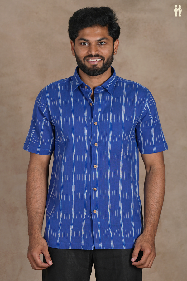 Regular Collar Stripes Design Royal Blue Cotton Shirt