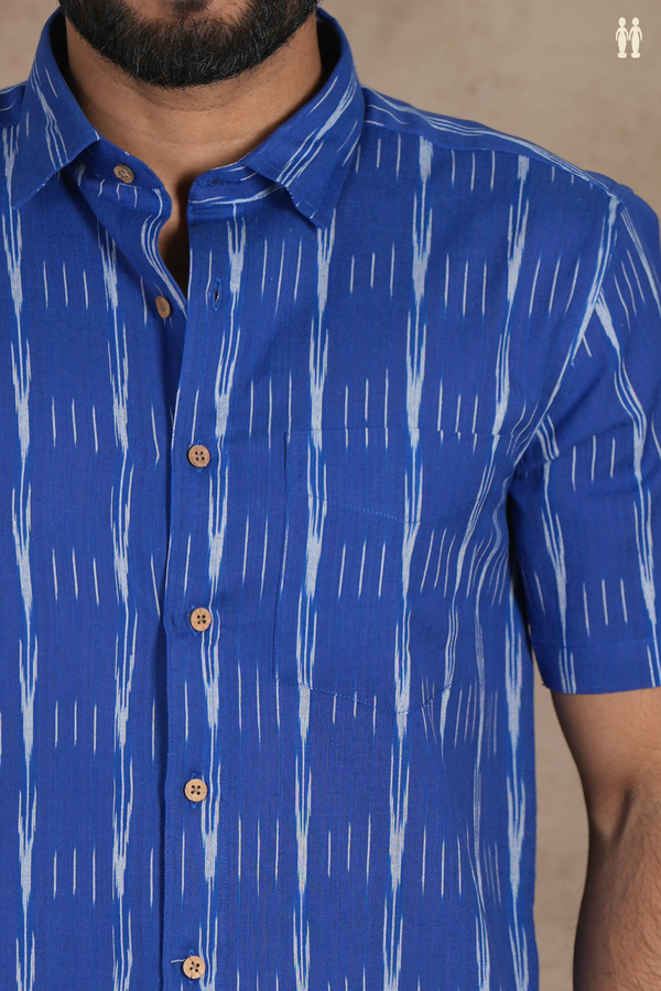 Regular Collar Stripes Design Royal Blue Cotton Shirt