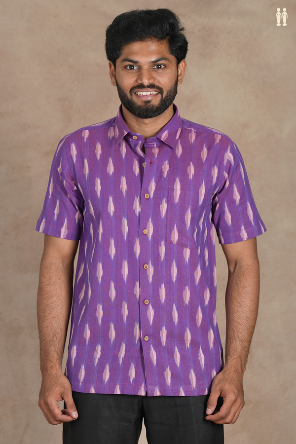 Regular Collar Ikat Buttas Purple Cotton Shirt