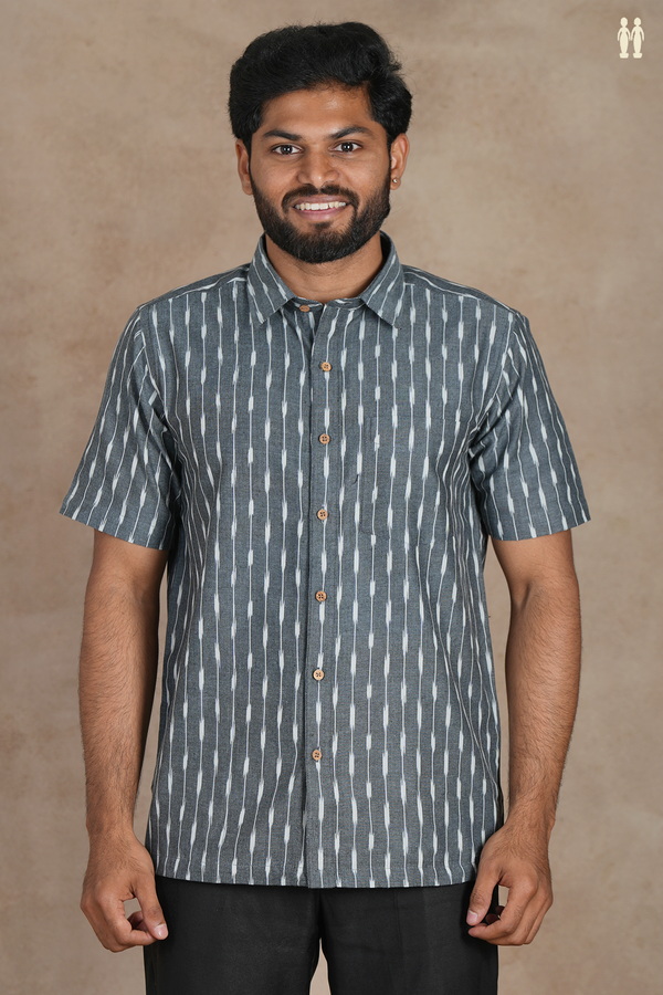 Regular Collar Stripes Design Grey Cotton Shirt