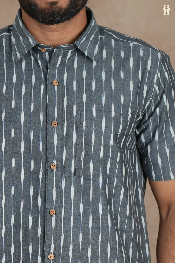 Regular Collar Stripes Design Grey Cotton Shirt