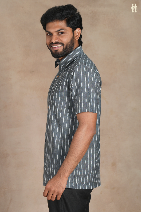 Regular Collar Stripes Design Grey Cotton Shirt