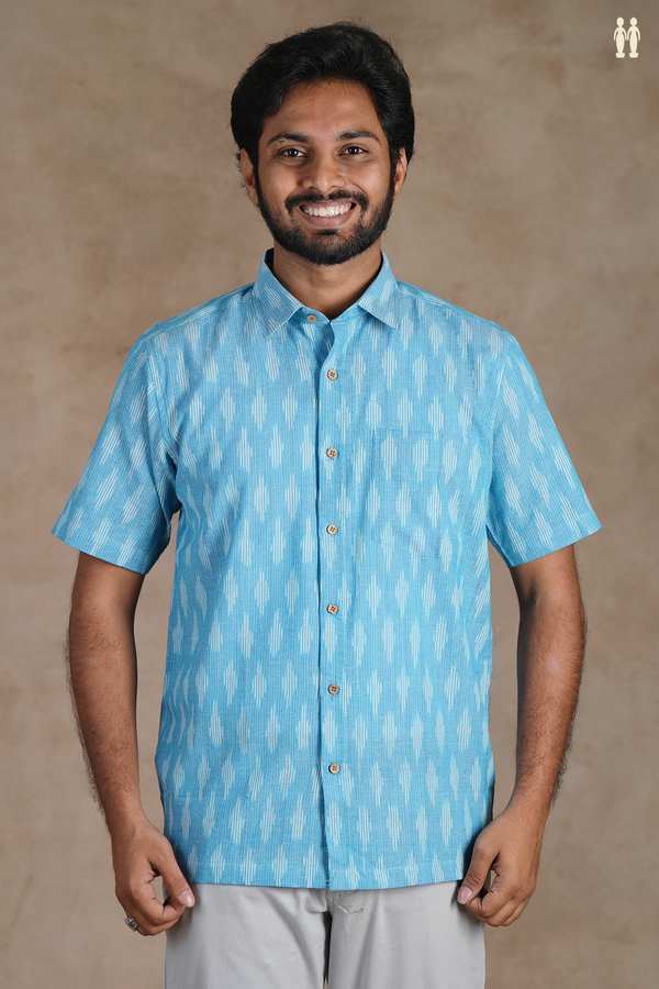 Regular Collar Ikat Buttas Light Blue Cotton Shirt