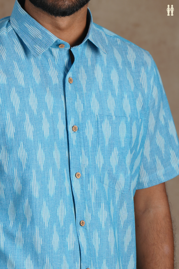 Regular Collar Ikat Buttas Light Blue Cotton Shirt