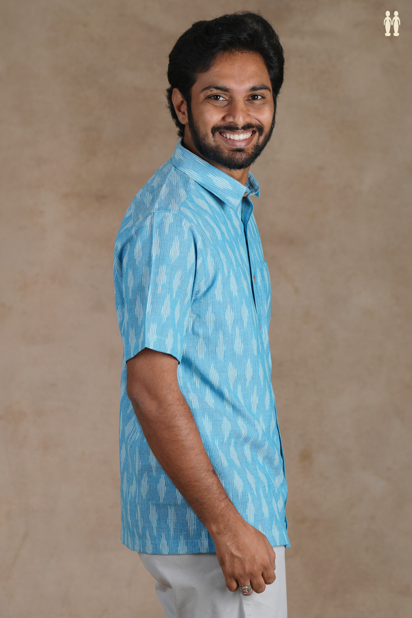 Regular Collar Ikat Buttas Light Blue Cotton Shirt