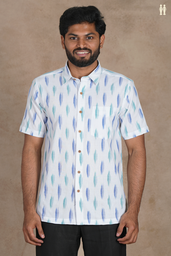 Regular Collar Ikat Buttas White Cotton Shirt