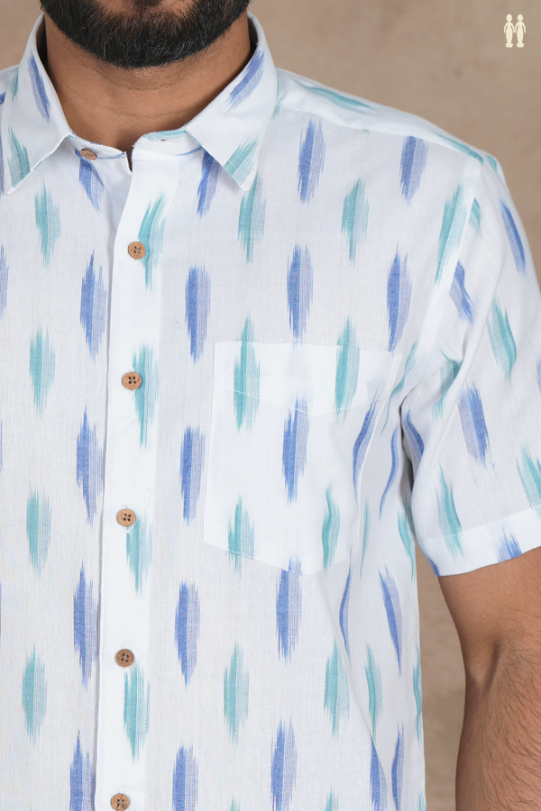 Regular Collar Ikat Buttas White Cotton Shirt