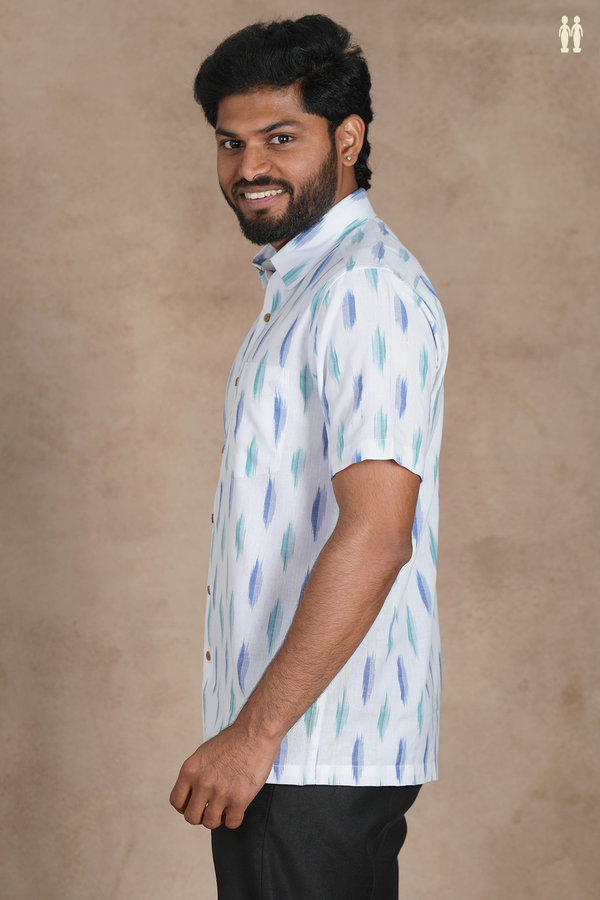 Regular Collar Ikat Buttas White Cotton Shirt