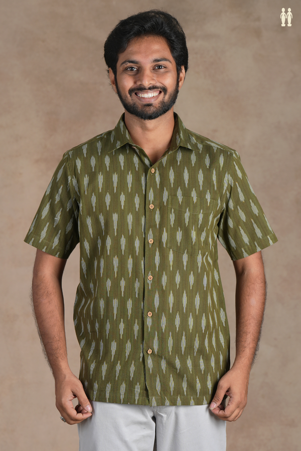 Regular Collar Ikat Buttas Olive Green Cotton Shirt