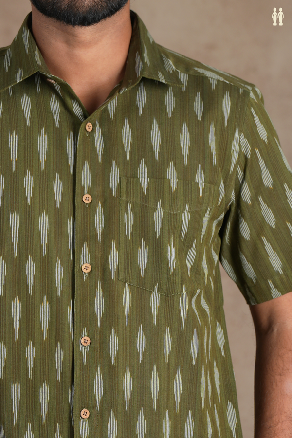 Regular Collar Ikat Buttas Olive Green Cotton Shirt