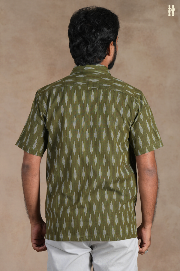 Regular Collar Ikat Buttas Olive Green Cotton Shirt