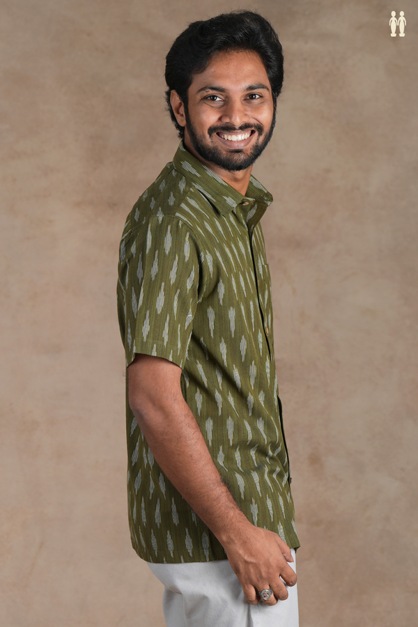 Regular Collar Ikat Buttas Olive Green Cotton Shirt
