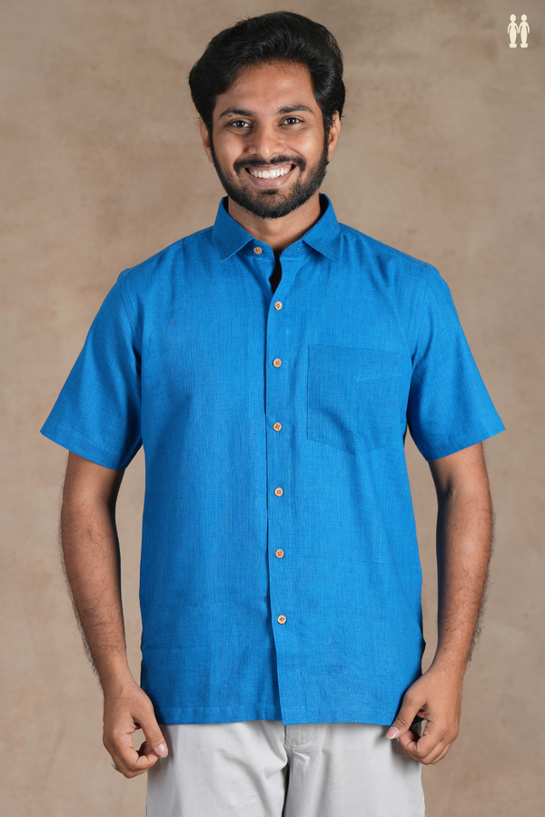 Regular Collar Plain Cerulean Blue Cotton Shirt