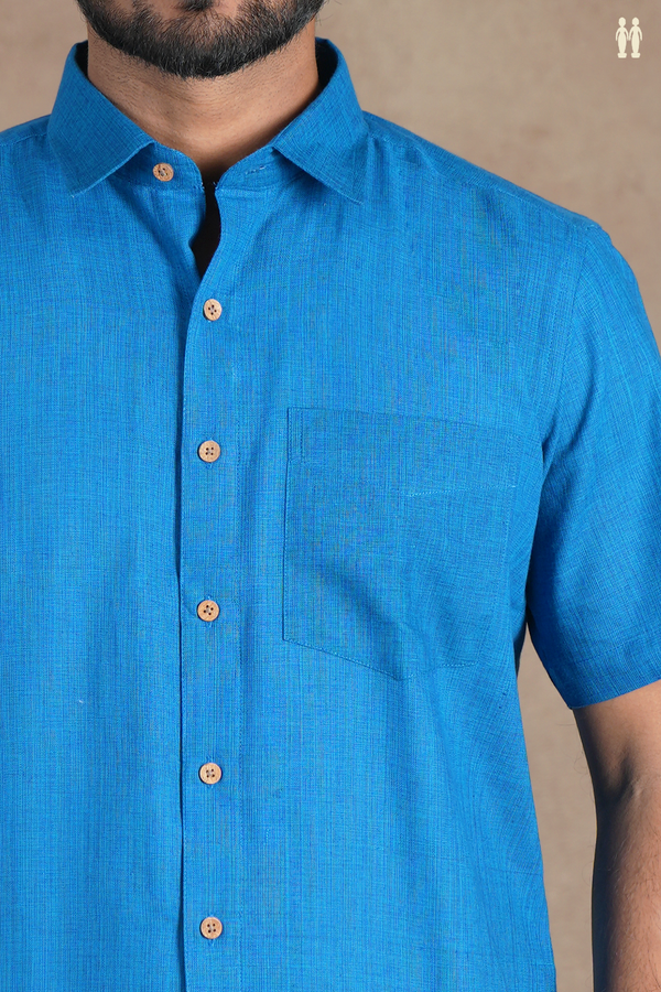 Regular Collar Plain Cerulean Blue Cotton Shirt