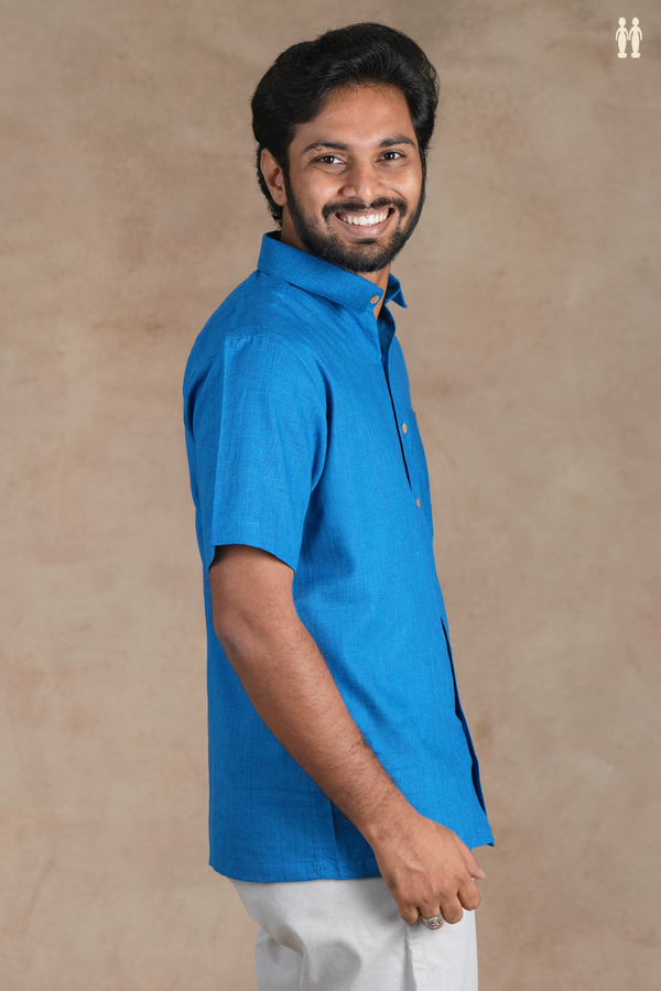 Regular Collar Plain Cerulean Blue Cotton Shirt