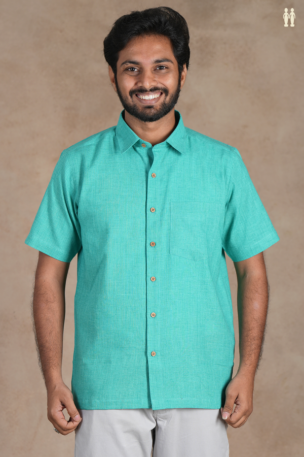 Regular Collar Plain Aqua Green Cotton Shirt