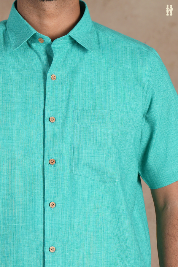 Regular Collar Plain Aqua Green Cotton Shirt
