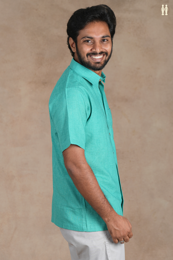 Regular Collar Plain Aqua Green Cotton Shirt