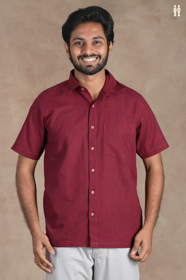 Regular Collar Plain Burgundy Red Cotton Shirt