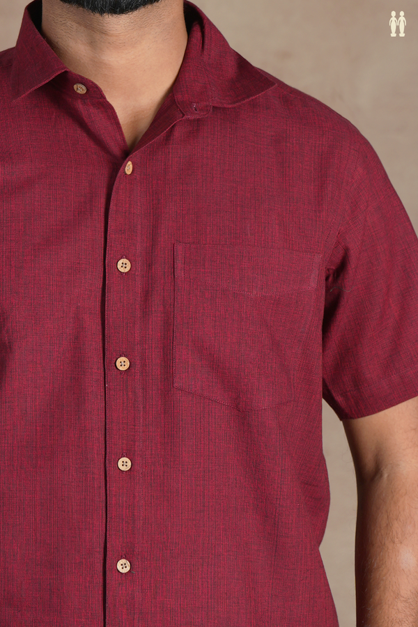Regular Collar Plain Burgundy Red Cotton Shirt
