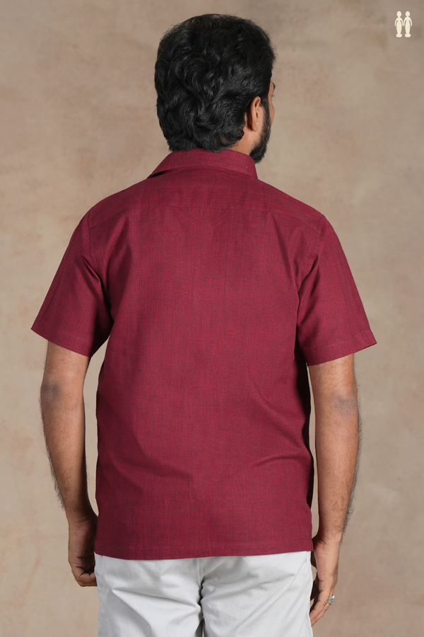 Regular Collar Plain Burgundy Red Cotton Shirt