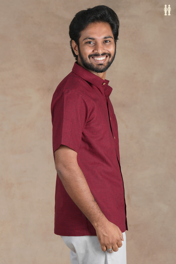 Regular Collar Plain Burgundy Red Cotton Shirt