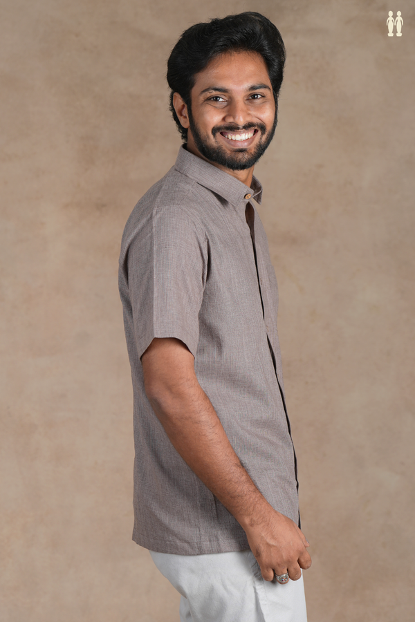 Regular Collar Plain Dusty Brown Cotton Shirt