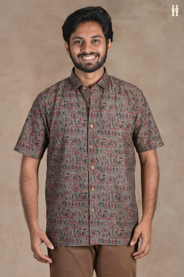 Regular Collar Warli Design Cedar Brown Cotton Shirt