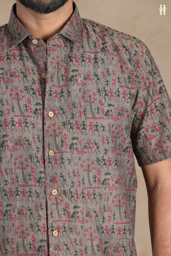 Regular Collar Warli Design Cedar Brown Cotton Shirt