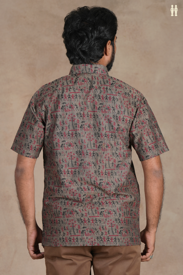 Regular Collar Warli Design Cedar Brown Cotton Shirt