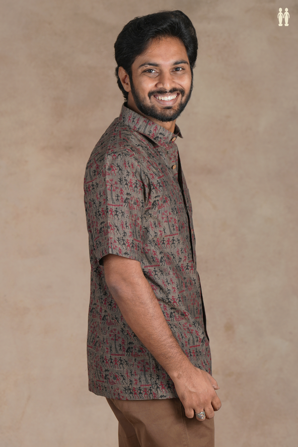 Regular Collar Warli Design Cedar Brown Cotton Shirt