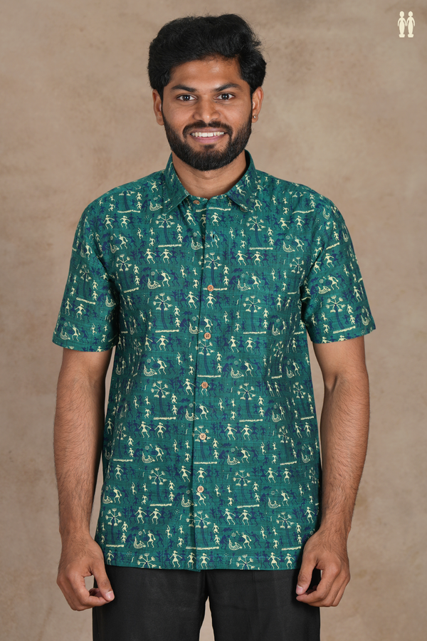 Regular Collar Warli Design Pine Green Cotton Shirt