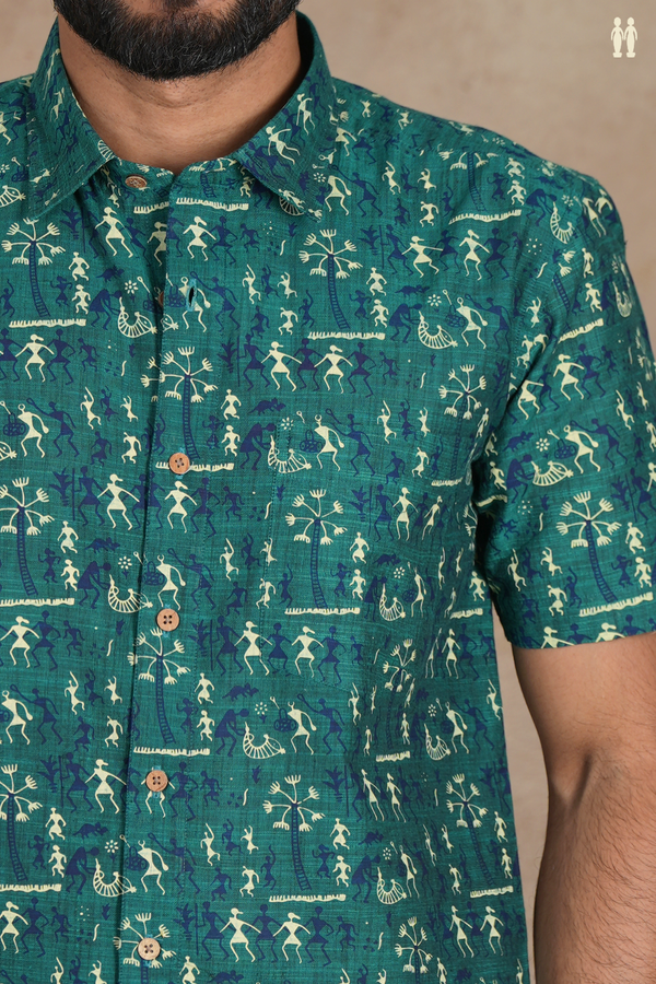 Regular Collar Warli Design Pine Green Cotton Shirt