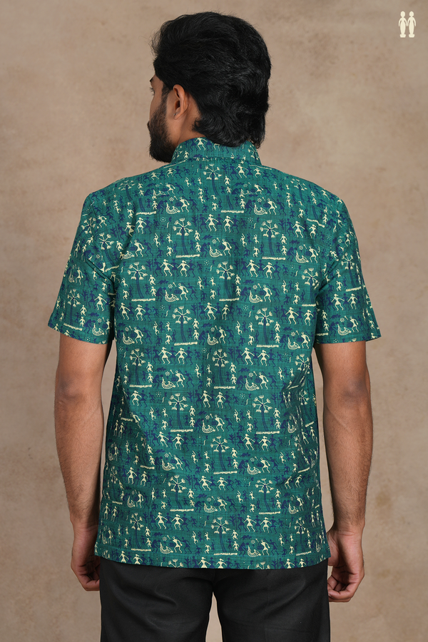 Regular Collar Warli Design Pine Green Cotton Shirt