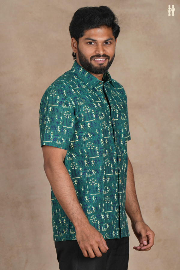 Regular Collar Warli Design Pine Green Cotton Shirt