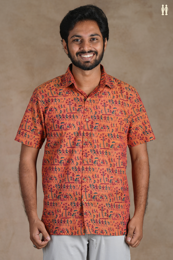 Regular Collar Warli Design Terracota Color Cotton Shirt