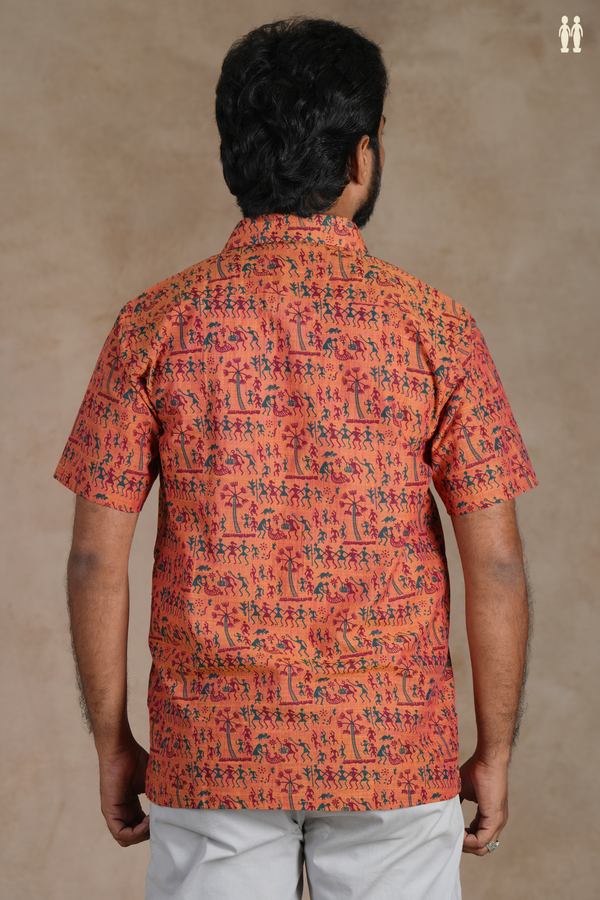Regular Collar Warli Design Terracota Color Cotton Shirt