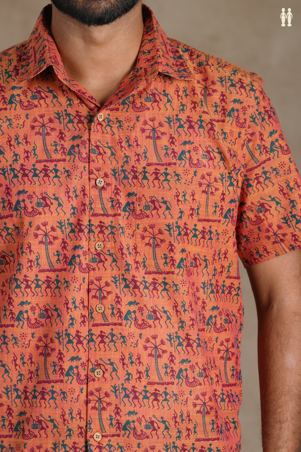 Regular Collar Warli Design Terracota Color Cotton Shirt