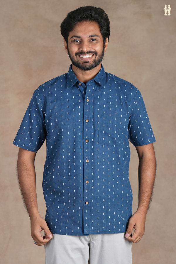 Regular Collar Threadwork Buttas Capri Blue Cotton Shirt