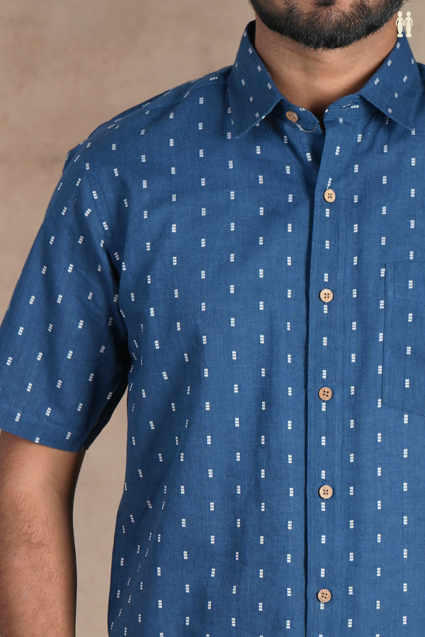 Regular Collar Threadwork Buttas Capri Blue Cotton Shirt