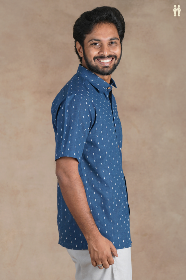 Regular Collar Threadwork Buttas Capri Blue Cotton Shirt