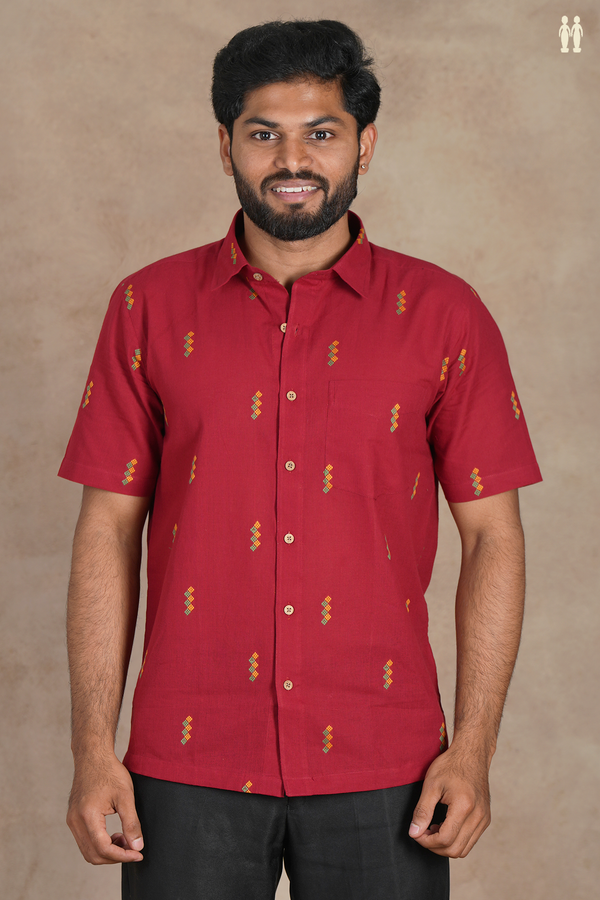 Regular Collar Threadwork Buttas Crimson Red Cotton Shirt