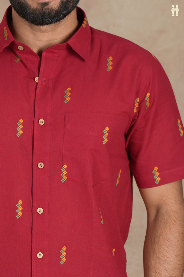 Regular Collar Threadwork Buttas Crimson Red Cotton Shirt