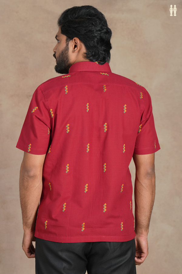 Regular Collar Threadwork Buttas Crimson Red Cotton Shirt