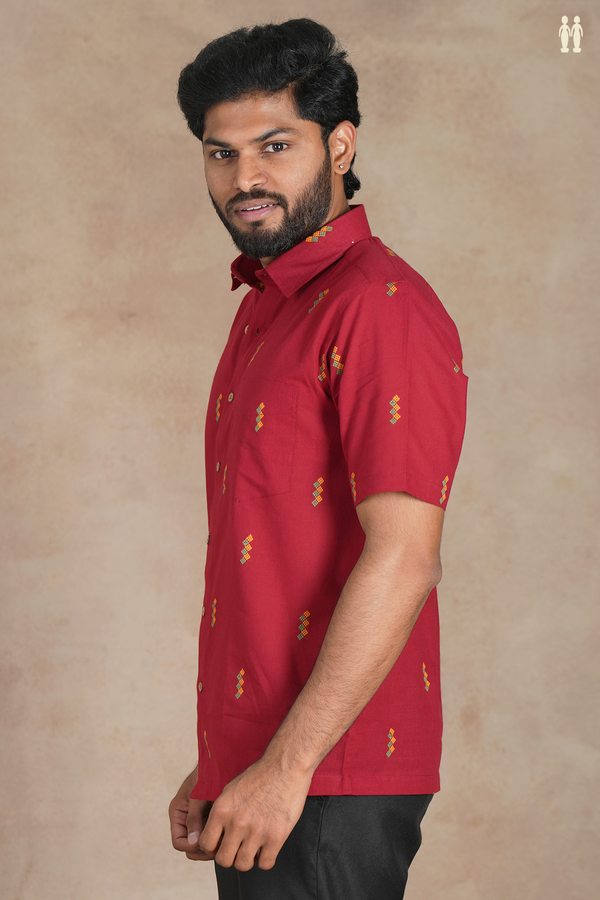 Regular Collar Threadwork Buttas Crimson Red Cotton Shirt